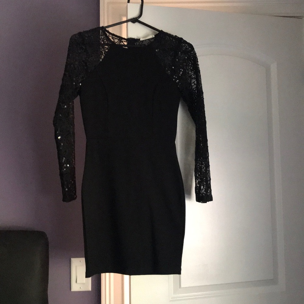 Black mini dress with lace sparkle detailing